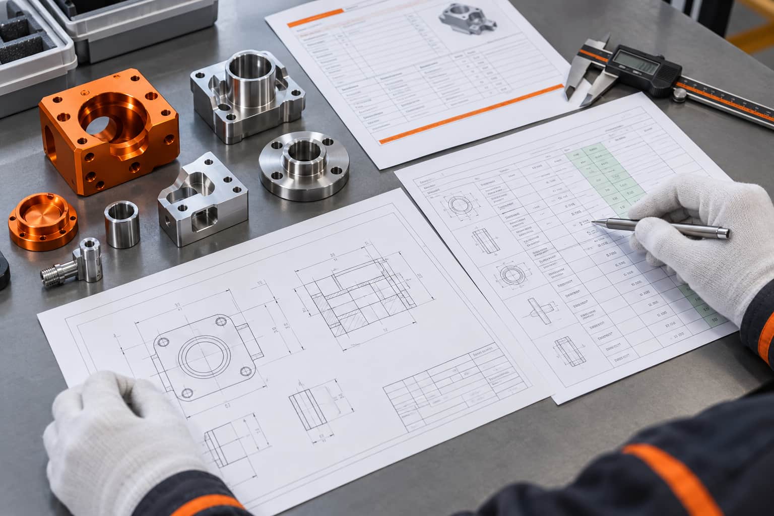 Illustrative review of CNC machined parts, engineering drawing, dimensional report, and batch release evidence