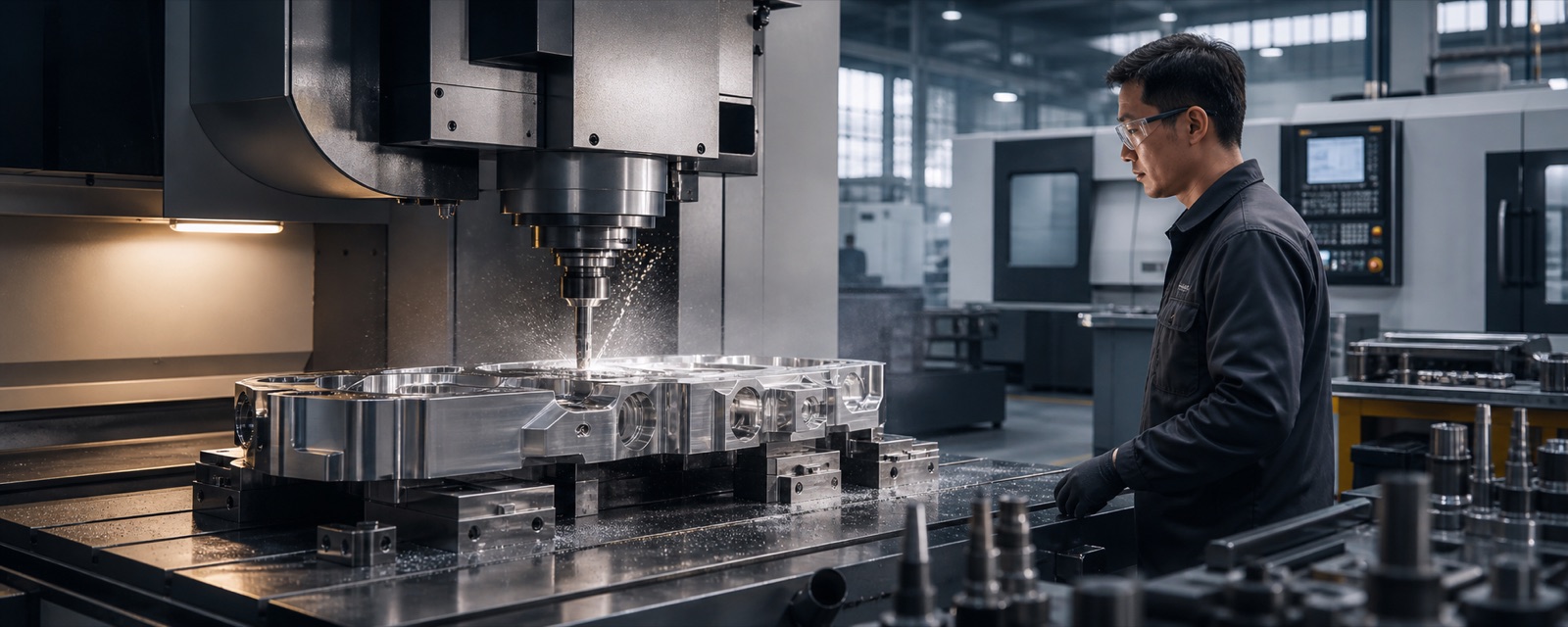 5-axis CNC machining center producing precision metal components